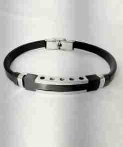 SANIYE Men's Black Leather Bracelet with Two-Tone Punched ID Plate