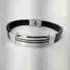 SANIYE Men's Black Leather Bracelet with Silver Pinstripe ID Plate