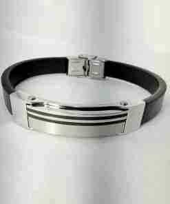 SANIYE Men's Black Leather Bracelet with Silver Pinstripe ID Plate