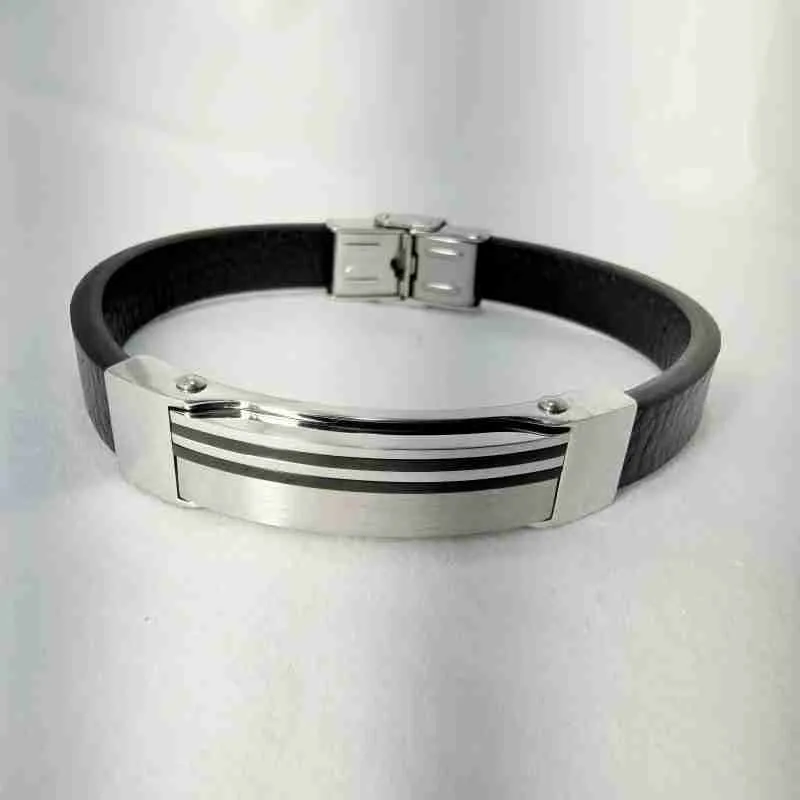 SANIYE Men's Black Leather Bracelet with Silver Pinstripe ID Plate