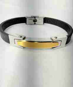 SANIYE Men's Black Leather Bracelet with Silver & Gold ID Plate