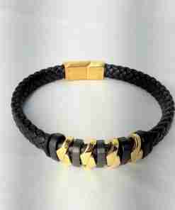 SANIYE Men's Black Braided Leather Bracelet with Black & Gold Twist Beads