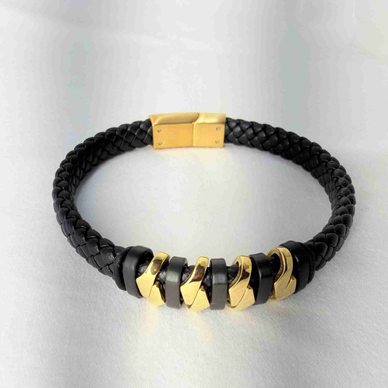 SANIYE Men's Black Braided Leather Bracelet with Black & Gold Twist Beads