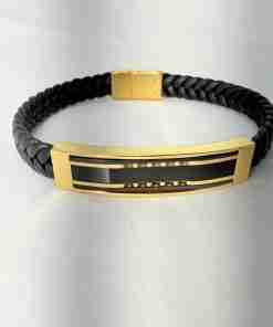 SANIYE Men's Black Braided Leather Bracelet with Gold ID Plate