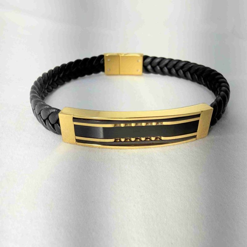 SANIYE Men's Black Braided Leather Bracelet with Gold ID Plate