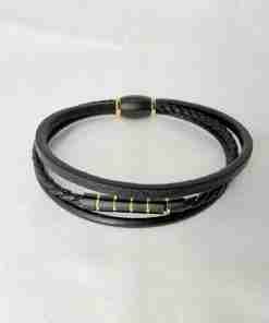 SANIYE Men's Triple-Strand Black Leather Bracelet with Black & Gold Clasp