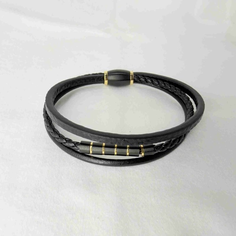 SANIYE Men's Triple-Strand Black Leather Bracelet with Black & Gold Clasp