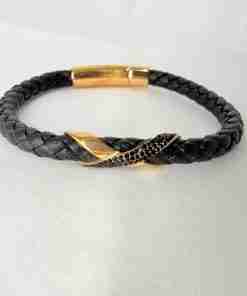 SANIYE Men's Black Braided Leather Bracelet with Gold X Accent